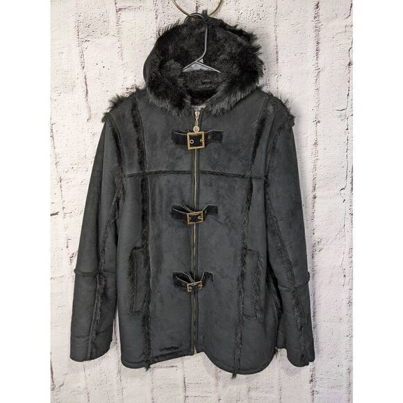 Versace Young Hooded Suede Fur Coat Jacket Unisex Childrens Vintage Black w Pock - Picture 1 of 13